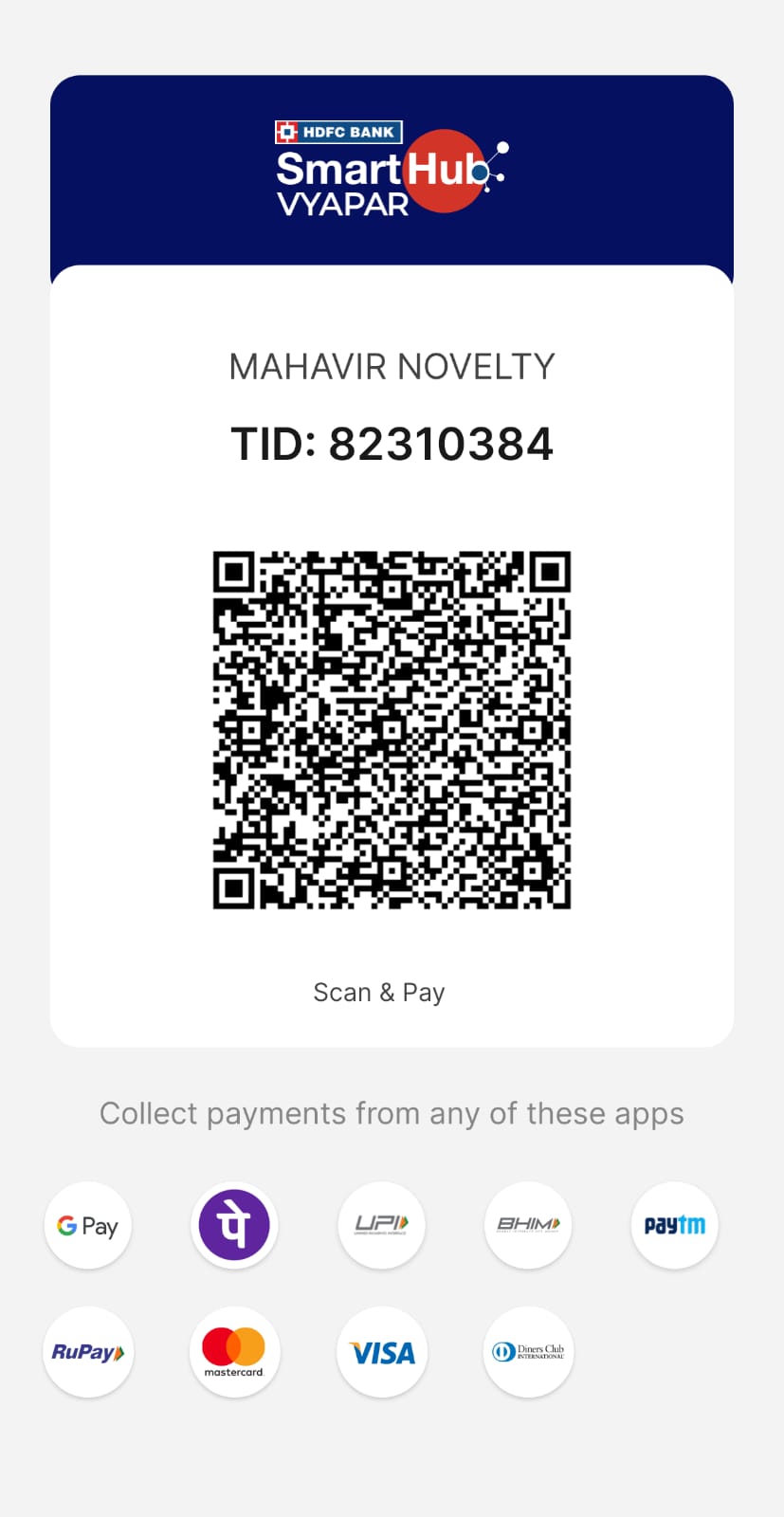 Mahavir Novelty HDFC Bank payment QR